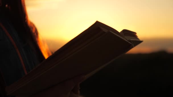 Жінка читає Біблію надворі. Людина читає книжку на сонці. Людина тримає Біблію в своїх руках і вивчає слово Боже на світанку на вершині гори. У пошуках правди в Писаннях. - Кадри, відео