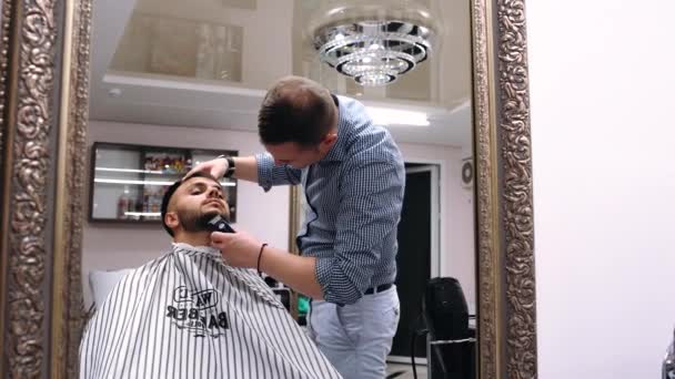 Харизматичный парикмахер режет клиентам бороду в салоне. Зеркальное отражение - Кадры, видео