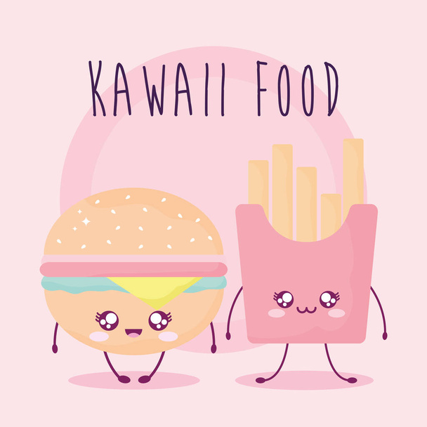 kawaii letras de alimentos con hamburguesa y papas fritas - Vector, Imagen