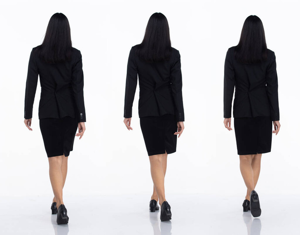 Tre collage Full length of 20s asiatico ufficio affari donna nero capelli corti indossare abito scuro gonna e scarpe. Femmina camminare indietro vista posteriore su sfondo bianco isolato - Foto, immagini