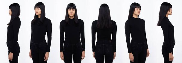 Half Body Portrait of 20s Asian Woman black hair wear clothes pant. Menina gira 360 em torno da visão traseira lateral traseira sobre fundo branco isolado - Foto, Imagem