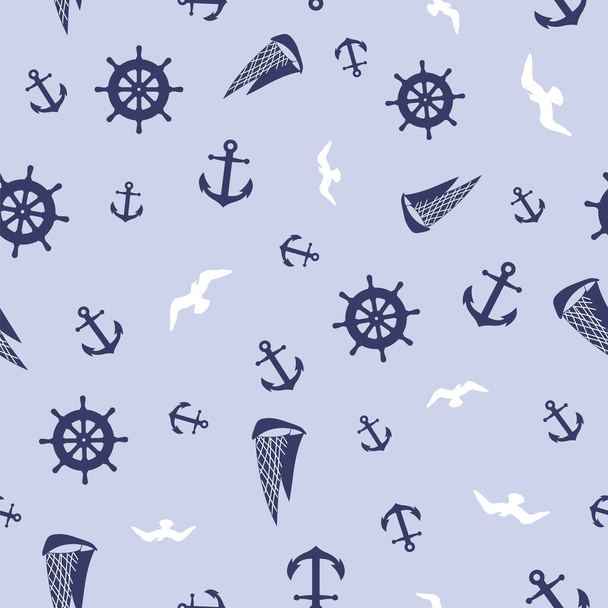 海のシームレスなパターン、アンカー、ボート、ステアリングホイール、青の背景に - ベクター画像