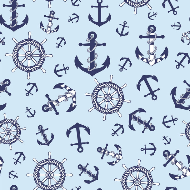海のシームレスなパターン、アンカー、青の背景にボートステアリングホイール - ベクター画像