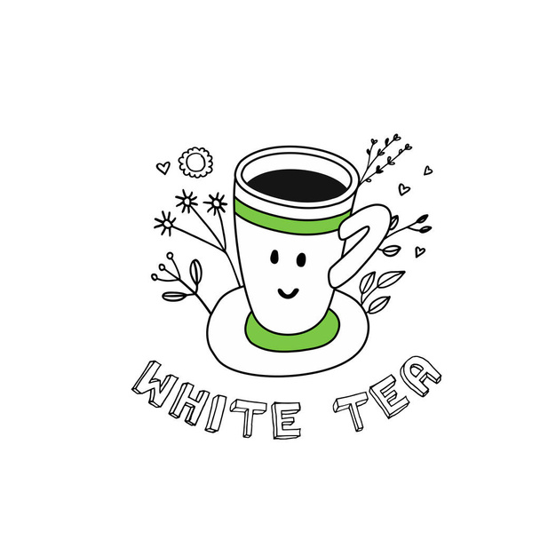 Handgezeichneter Schriftzug "Weißer Tee" mit grünen Blättern. - Vektor, Bild