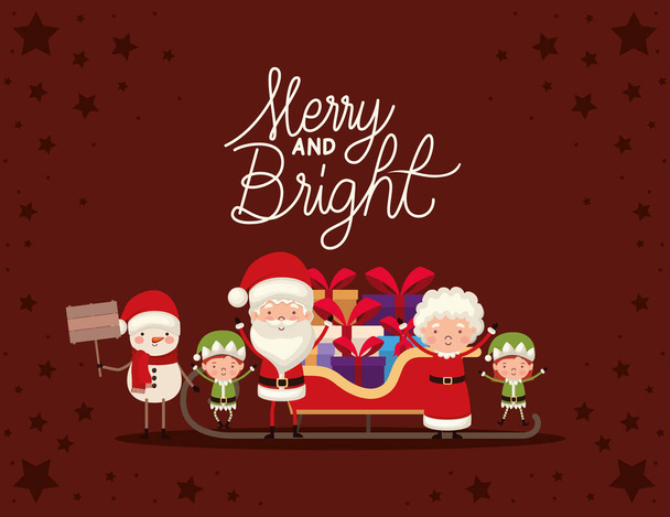 set of christmas characters and merry and bright lettering on red background - Vector, imagen