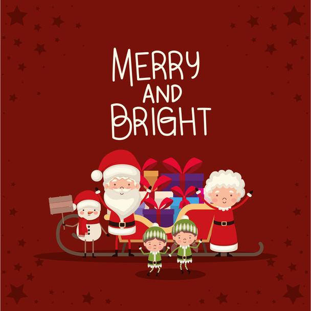 köteg karácsonyi karakterek és vidám és fényes betűk piros háttér - Vektor, kép