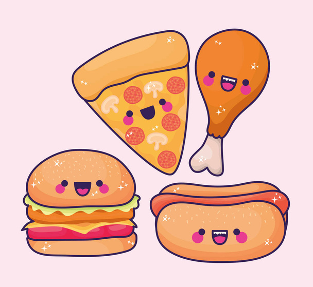 sets van kawaii fast food pictogrammen - Vector, afbeelding