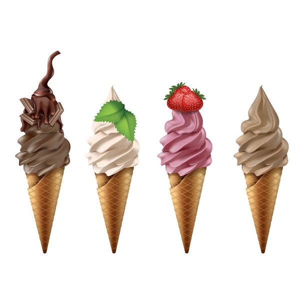 3D realistische Vektorsammlung von gefrorenem Joghurt oder Eis in Schokoladen-, Vanille-, Erdbeer- und Kaffeegeschmack. Isoliert auf weißem Hintergrund. - Vektor, Bild