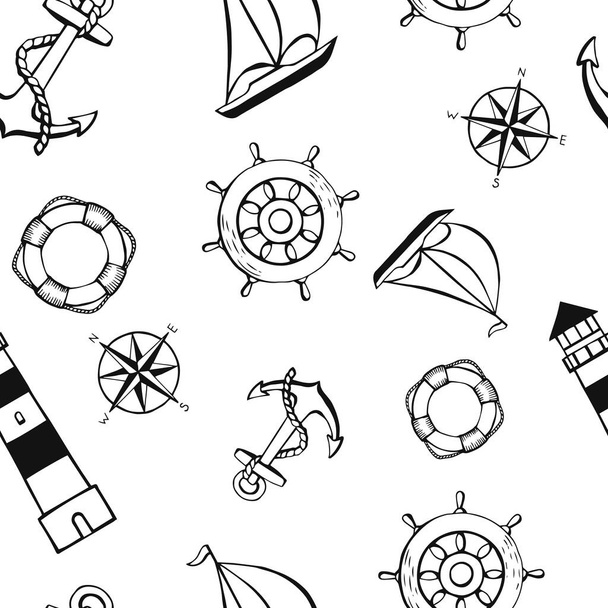 Seamless pattern with different animals and marine objects. Sea or ocean underwater life background. Concept elements. Vector illustration in hand drawn style. - Vector, Image