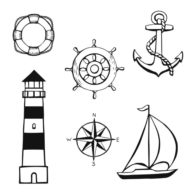Simboli di vela disegnati a mano. Tema nautico. Elementi concettuali. Illustrazione vettoriale in stile disegnato a mano. - Vettoriali, immagini