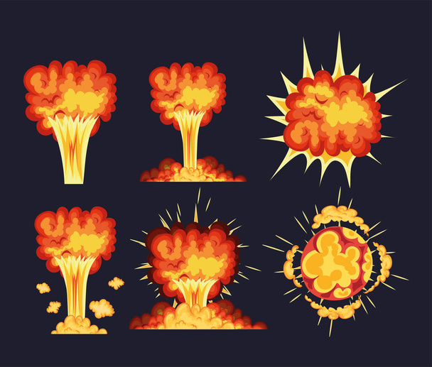 Serie von Explosionen mit Feuerwolken von oranger, roter und gelber Farbe - Vektor, Bild