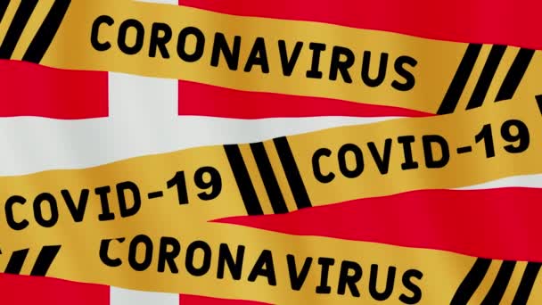 Animated concept caution quarantine. warning tape over Denmark flag. Covid-19 Virus tape. Isolation attention animated motion graphic concept video.  Corona virus pandemic information. - Footage, Video