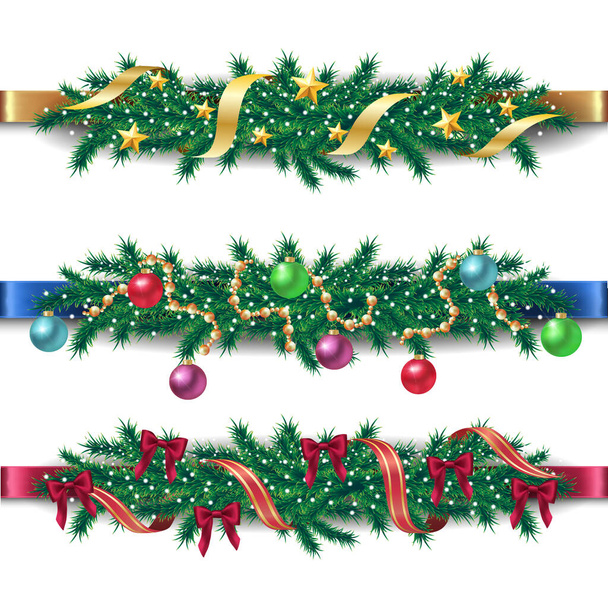 Kolekce vánočních okrajů s jedlovými větvemi, různými doplňky, stuhami, lesklými koulemi a hvězdami. Izolovaná vektorová ilustrace. - Vektor, obrázek