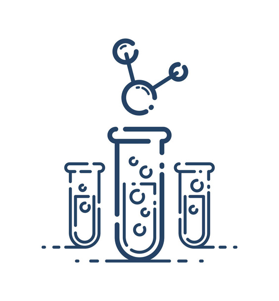 Test tube and molecule connection vector simple linear icon, science chemistry and medicine analysis line art symbol, laboratory research. - Vector, Imagen