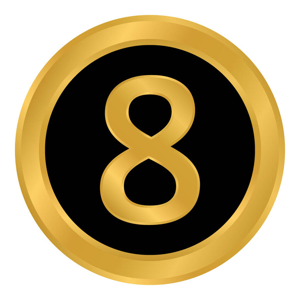 Gold number eight button on white background. Vector illustration. - Vetor, Imagem
