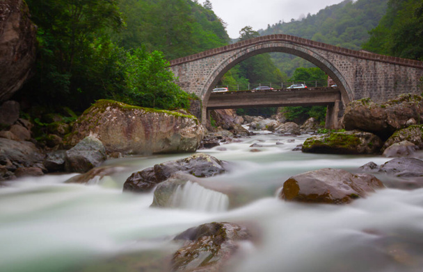 Artvin Arhavi double arches Bridges known as cifte kopruler with natural forest and blue sky background. - Photo, Image