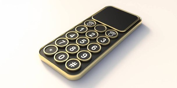 Teléfono móvil estilo steampunk. Smartphone futurismo retro con botones negros redondos y detalles de metal latón dorado aislados sobre fondo blanco, por encima de la vista. ilustración 3d - Foto, Imagen