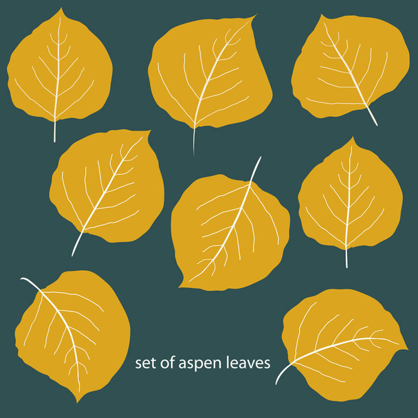 Vector set of eight differently shaped golden aspen leaves. Hand drawn isolated foliage motifs in fall colors. Botanical organic line art illustration. Versatile design for autumn or cosy home concept - Vector, afbeelding