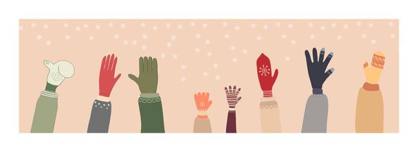 Руки в рукавицах на фоне падающих снежинок - Вектор,изображение