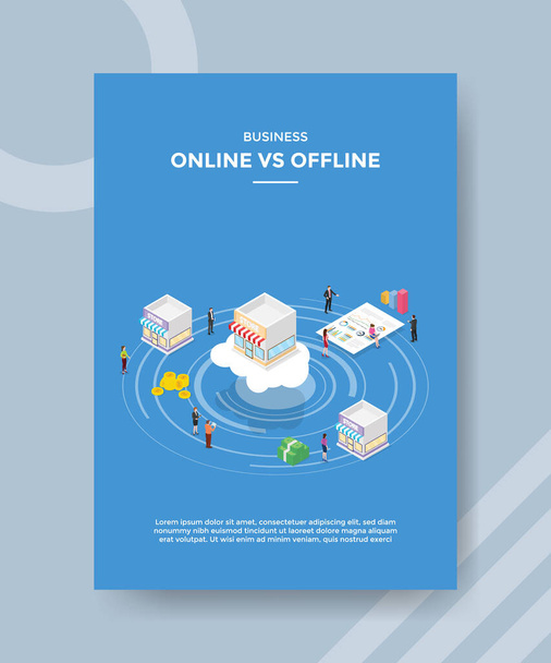 business online vs offline people standing around store bar chart for template money flyer and print banner cover isometric 3d flat style vector design illustration - Vector, Image