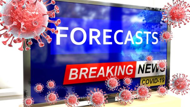 Covid, voorspellingen en een tv-set tonen het laatste nieuws - afgebeeld als een tv met corona voorspellingen nieuws en dodelijke virussen rond aanvallen, 3D-illustratie - Foto, afbeelding