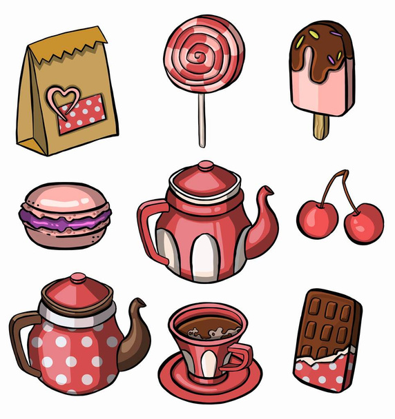 Icone di tè, caffè, pasticceria, torte e amaretti. Illustrazione vettoriale - Vettoriali, immagini