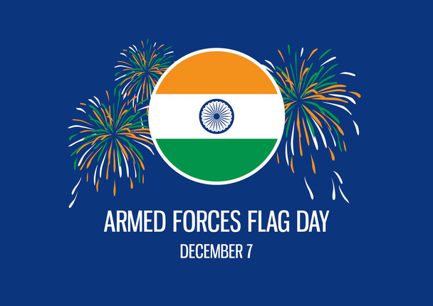 Armed Forces Flag Day of India vector (en inglés). Bandera india con vector de fuegos artificiales. Bandera india vector de forma redonda. Cartel del Día de la Bandera de la India, 7 de diciembre. Día importante - Vector, imagen