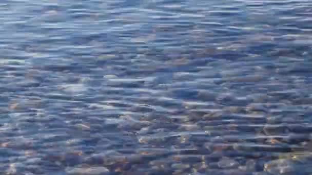 Nahaufnahme, klares Wasser, auf kleinen Kieselsteinen. Klares Wasser, im flachen Wasser, darunter Sand, kleine Kieselsteine. - Filmmaterial, Video