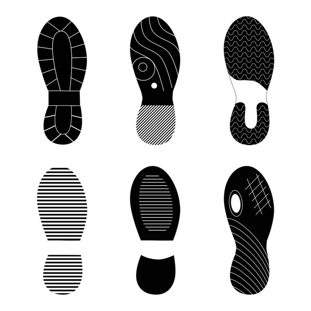 Black footprint shoes and sneakers collection.Various isolated silhouettes of an imprint soles shoes. Vector set of track footstep - Vector, Image
