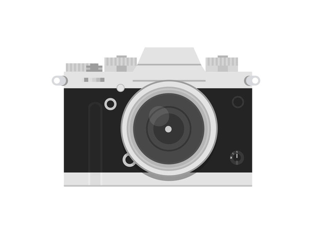 Old style vintage film camera isolated on white background. Retro grey silver and black photo camera. Vector illustration. Detailed realistic icon. - Vector, Image