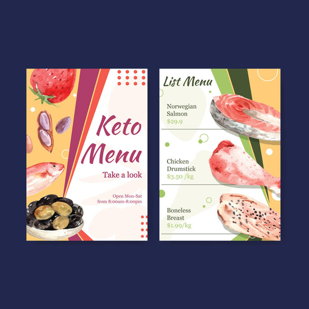 Velká šablona menu s ketogenní dietní koncept pro restaurace a obchod s potravinami akvarel vektorové ilustrace - Vektor, obrázek