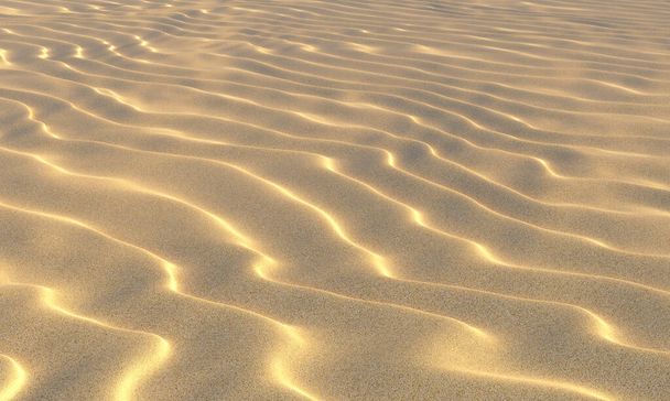 Yellow dry sand on the beach with waves under summer bright evening sun light closeup perspective view nature 3D illustration - Valokuva, kuva