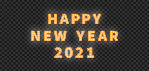 Szczęśliwego Nowego Roku 2021. 3d złoty marquee światła żarówki tekst do obchodów Nowego Roku - Wektor, obraz