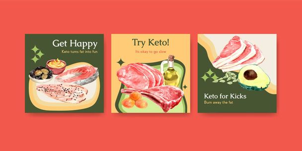 Adverteer sjabloon met ketogene dieet concept voor marketing en advertenties aquarel vector illustratie - Vector, afbeelding