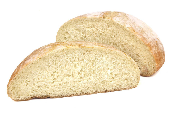Friss házi ropogós kenyér. Francia kenyér. Kenyér kovászban. Kovásztalan kenyér, fehér alapon elszigetelve - Fotó, kép