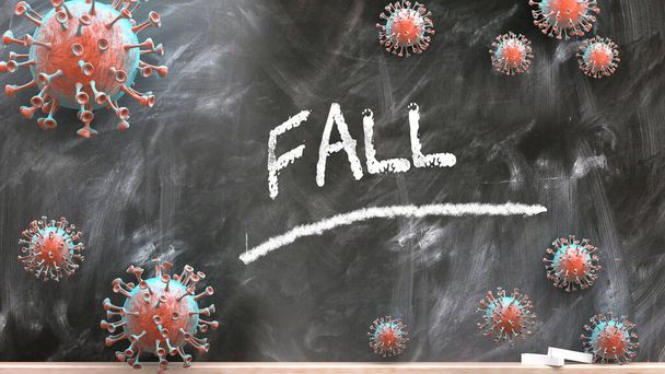 Fall and covid virus - pandemic turmoil and Fall pictured as corona viruses attacking a school blackboard with a written word Fall, 3d illustration - Фото, изображение