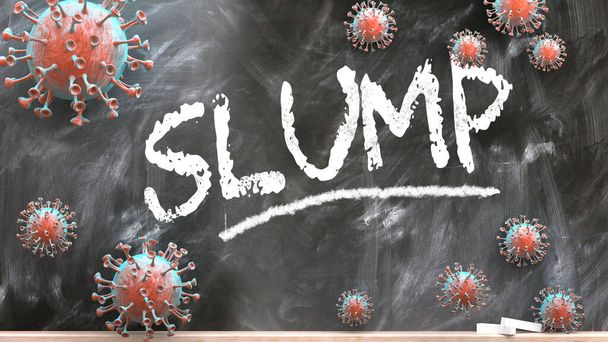 Πτώση και τον ιό covid - πανδημία αναταραχή και κατρακύλα απεικονίζεται ως ιούς κορώνα επίθεση σε ένα μαυροπίνακα σχολείο με γραπτή λέξη κατρακύλα, 3d εικόνα - Φωτογραφία, εικόνα