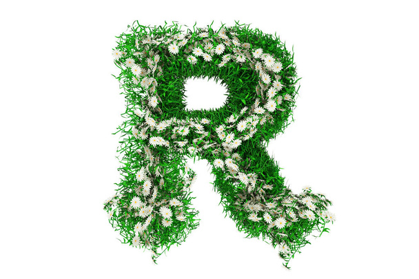 Letter R of Green Grass And Flowers. 3d rendering - Foto, afbeelding