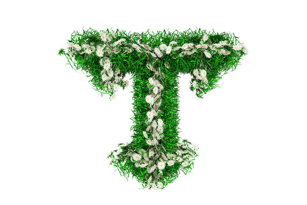 Letter T of Green Grass And Flowers. 3d rendering - Photo, Image