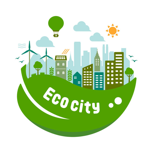 Green eco city vector illustration ( ecology concept , nature conservation ) - Vector, Image