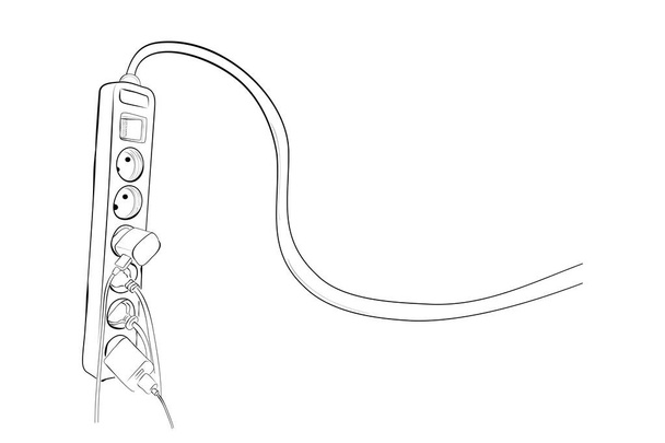 простой векторный эскиз руки, ilustarion безопасный способ использования расширения кабеля электричества, со смартфоном зарядное устройство и другой кабель устройства прилагается - Вектор,изображение