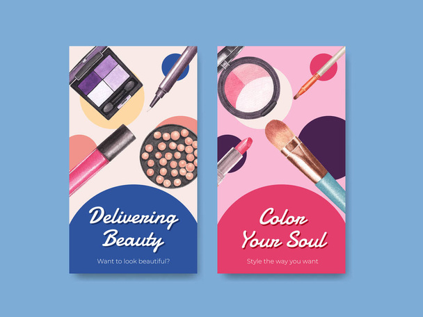 Plantilla de Instagram con diseño de concepto de maquillaje para redes sociales e ilustración vectorial de acuarela comunitaria - Vector, Imagen