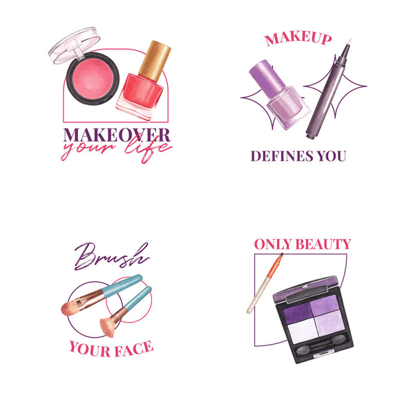 Design de logotipo com conceito de maquiagem para branding e marketing ilustração vetor aquarela - Vetor, Imagem
