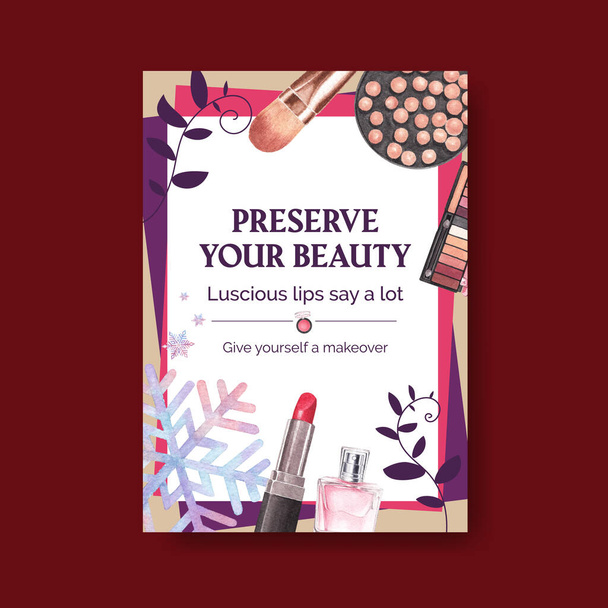 Poster template with makeup concept design for brochure and leaflet watercolor vector illustration. - Vector, Image