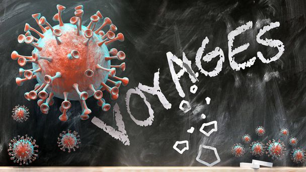 Ковід і подорожі - ковід-19 вірусів, що ламають і знищують подорожі, написані на шкільній дошці, 3d ілюстрація
 - Фото, зображення