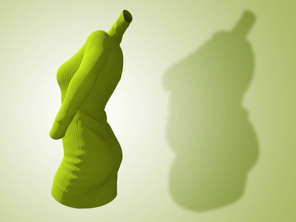 Konceptualny tłuszcz otyłość otyłość cień kobieta sweter sukienka vs szczupły pasuje zdrowe ciało po utracie wagi lub dieta cienka młoda kobieta na zielono. fitness, odżywianie lub otyłość kształt zdrowia ilustracja 3D - Zdjęcie, obraz