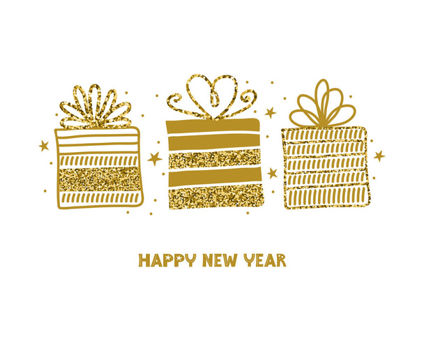 Happy new year horizontal card or banner with a greeting text. Gold gift boxes with glitter on white background. Vector illustration of Doodle elements. Luxury presents. Shiny holiday gold icons - Vektor, kép