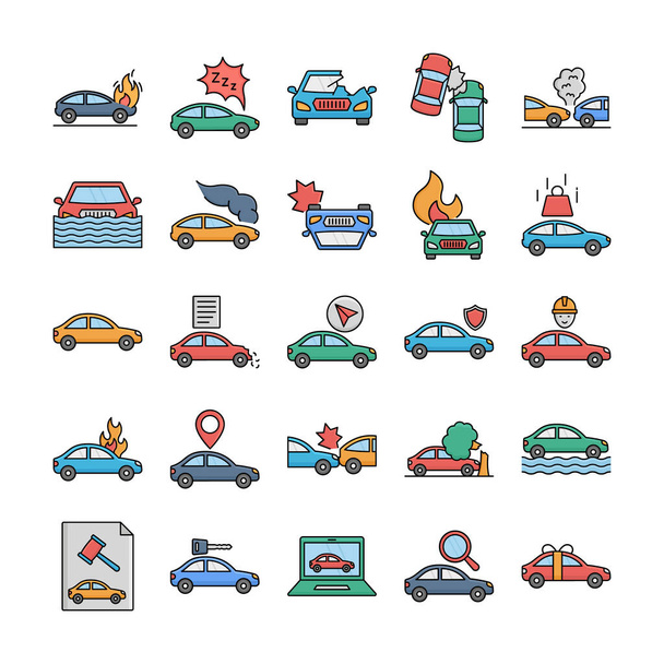 Incidente automobilistico Set isolato che consiste in assicurazione auto, fiamme, collisione, traffico, naufragio, asta e danni motore di auto, ogni icona può essere facilmente modificare o modificare - Vettoriali, immagini