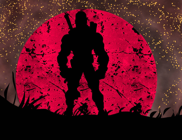silueta ilustrada de superman en luz de luna roja, con bloo - Foto, imagen