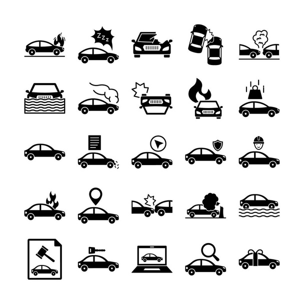Accidente de coche Conjunto aislado que consisten en un seguro de coche, llamas, colisionar, tráfico, naufragio, subasta y el motor de daños del coche, cada icono puede ser fácilmente modificar o editar - Vector, imagen